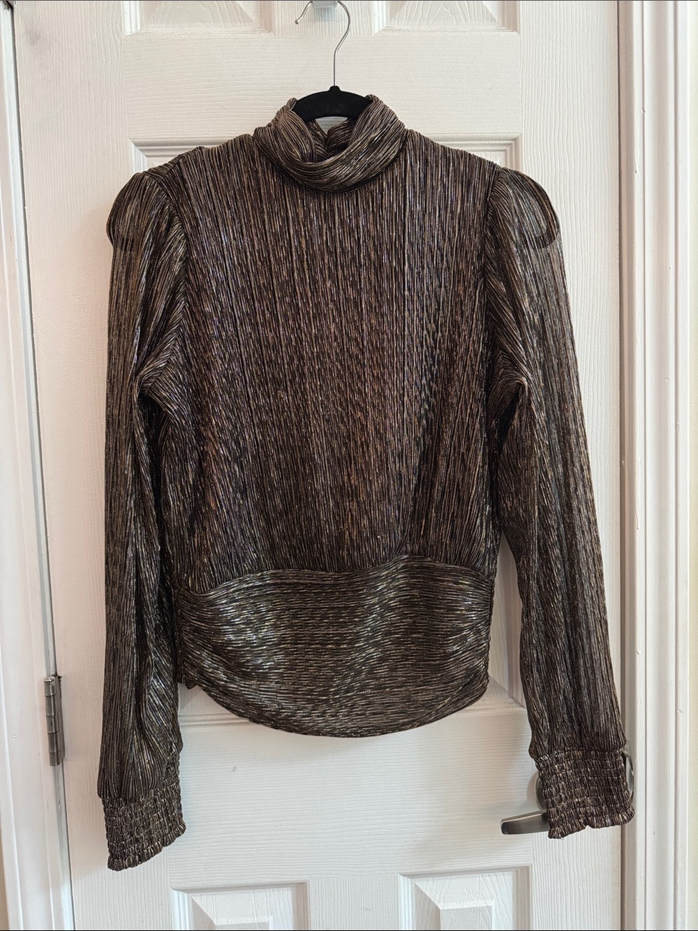 BAILEY 44 Crinkle Pleated Metallic Long Puff Sleeve Mock Neck Blouse Size Medium